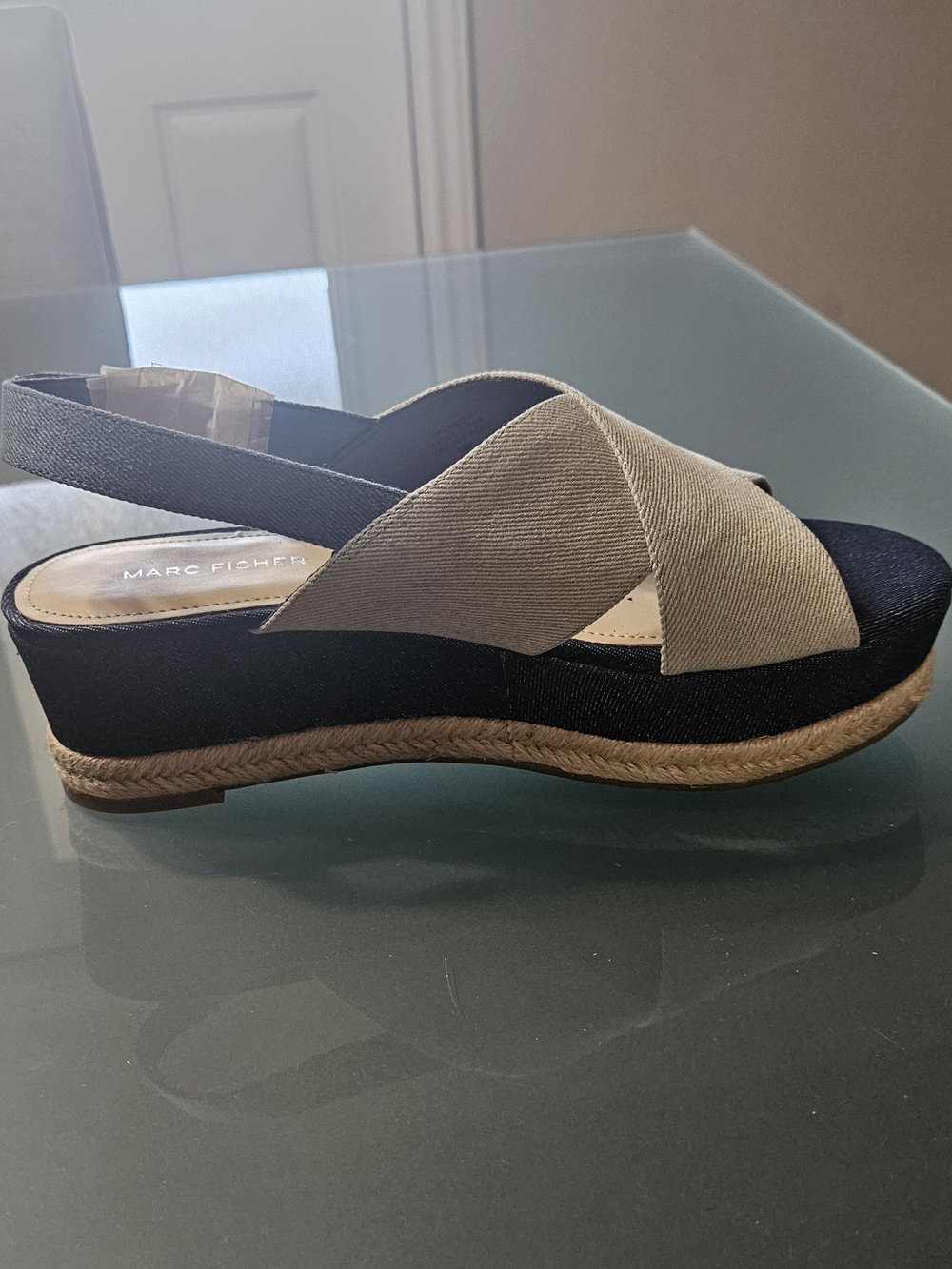 Marc Fisher Navy and Beige Crisscross Espadrille Wedge Sandal
